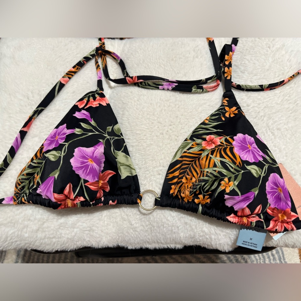 Floral Black Bikini Top with Ring Detail